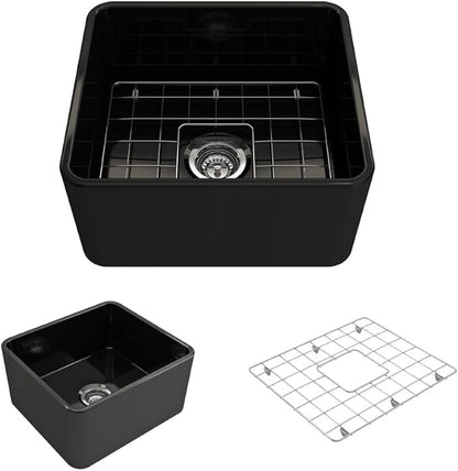 BOCCHI Classico Farmhouse Apron Front Fireclay 20 in. Single Bowl Kitchen Sink with Protective Bottom Grid and Strainer in Black