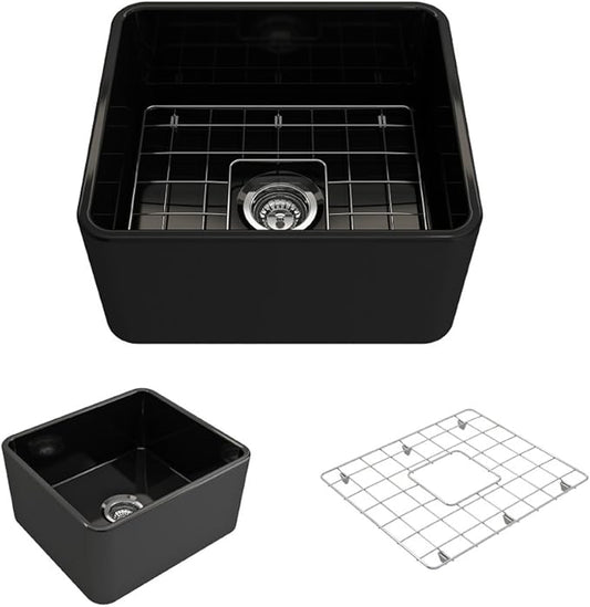 BOCCHI Classico Farmhouse Apron Front Fireclay 20 in. Single Bowl Kitchen Sink with Protective Bottom Grid and Strainer in Black
