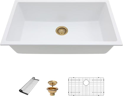 33 Granite Composite Kitchen Sink - Beslend 33x19 Inch Granite Kitchen Sink Undermount White Quartz Sink Classic Under Counter Single Bowl Sink Basin
