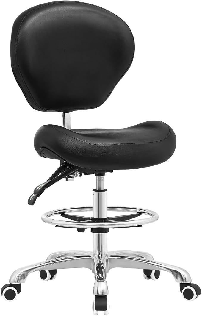 Kaleurrier Adjustable Stool Drafting Chairs: Tall Office Chair for Standing Desk with Backrest & Foot Rest - Ergonomic Drafting Stools with Rolling Wheels for Shop Studio Dental Salon Home(Black)