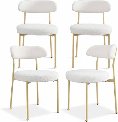 White Boucle Dining Chair Set of 4, Modern Oval Upholstered Dining Chairs with Curved Back and Metal Leg for Dining Room,Restaurant,Kitchen Island(Gold Leg)