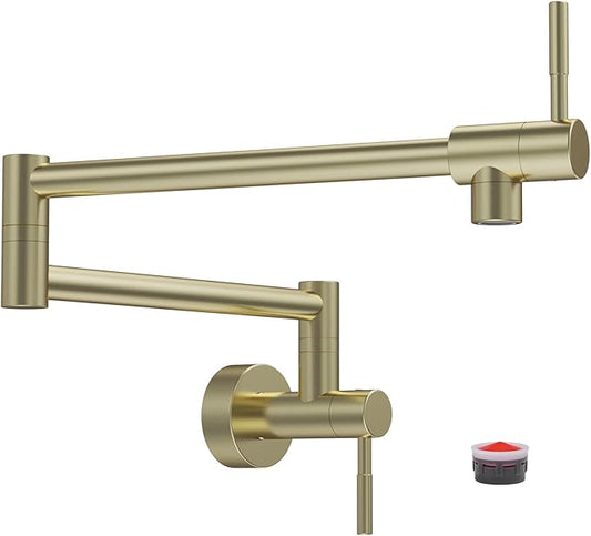 Fransiton Matte Gold Pot Filler, Pot Filler Faucet Wall Mount, Brass Folding Stretchable with Double Joint Swing Arm Single Hole Two Handles Kitchen Restaurant