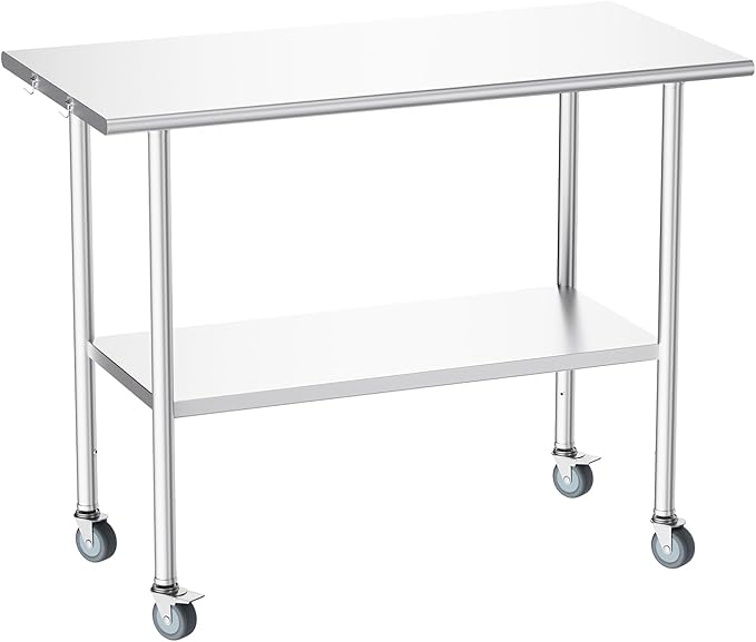 Atelicf All-Stainless Steel Prep Table, 24 X 48 Inches, with Wheels and Adjustable Undershelf, Heavy-Duty for BBQ,Restaurants,Hotels,Workshops,Kitchens,Gardens, and Garages