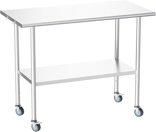 Atelicf All-Stainless Steel Prep Table, 24 X 48 Inches, with Wheels and Adjustable Undershelf, Heavy-Duty for BBQ,Restaurants,Hotels,Workshops,Kitchens,Gardens, and Garages