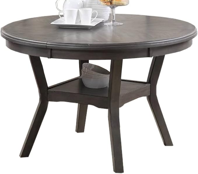 47" Classic Round Dining Table with Open Shelf, Kitchen Table with Robust Flared Legs, Elegant Restaurant Table with Sturdy Rubber Wood Construction for Living Room Kitchen Island Restaurant, Gray