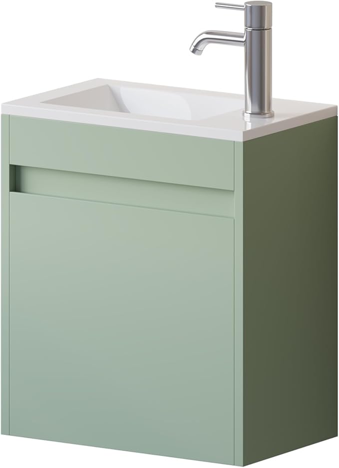 wonline 16" Small Floating Green Bathroom Vanity Sink Combo, Wall Mounted Narrow Single Cabinet with Resin Basin Sink Top, Water Saving Chrome Faucet & Pop-Up Drain