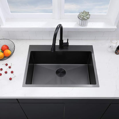 VAPSINT 33x22 Black Drop in Kitchen Sink, 33 Inch Gunmetal Black Stainless Steel Top Mount Kitchen Sink, Single Bowl Laundry Sink with Strainer