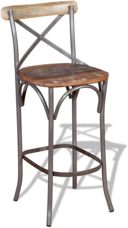 Vintage Solid Reclaimed Wood Bar Chair with Iron Legs, Handcrafted Unique Grain, 17.7 Inch Depth Seat for Home Bar Kitchen Island Dining Table, Supports 242.5 lbs, Durable