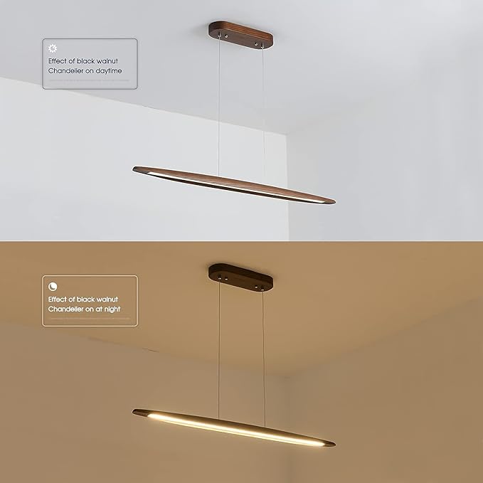 YISDESIGN 39" Wood Linear Pendant Light LED Dimmable Hanging Light Dinning Room Light Fixture Island Lights 24w for Dining Room Kitchen Island Bar Walnut Color
