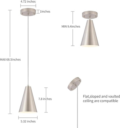 Brushed Nickel Pendant Lights Kitchen Island,Dining Room Light Fixtures Over Table 3 Pack with Silver Cone Metal Shade, Modern Farmhouse Small Chandeliers,Adjustable Cord Hanging Lighting for Sink
