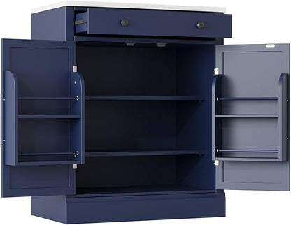 Modern Freestanding Kitchen Pantry Buffet Food Storage and Coffee Station Cabinet with Drawer 2 Adjustable Shelves and 2 Door Shelves Practical(Blue)
