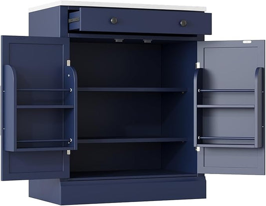 Modern Freestanding Kitchen Pantry Buffet Food Storage and Coffee Station Cabinet with Drawer 2 Adjustable Shelves and 2 Door Shelves Practical(Blue)