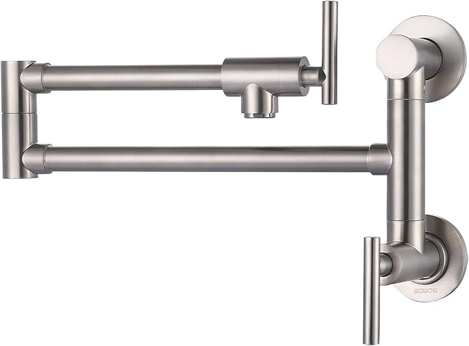 Pot Filler Faucet Brushed Nickel: WOWOW Single Hole Wall Mount Stove Faucet, Brass Pot Filler Two Attachment with Double Joint Swing Arms