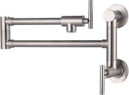 Pot Filler Faucet Brushed Nickel: WOWOW Single Hole Wall Mount Stove Faucet, Brass Pot Filler Two Attachment with Double Joint Swing Arms