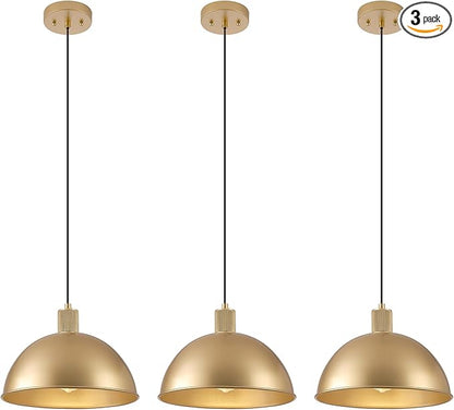 12 Inch Gold Dome Pendant Lights 3 Pack for Kitchen Island, Height Adjustable Farmhouse Industrial Hanging Light Fixtures Over Table for Dining Room, Entryway