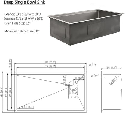33 Inch Undermount Workstation Kitchen Sink, 33x19 Single Bowl Sink For Kitchen 16 Gauge Stainless Steel Sink Undermount with Offset Drain