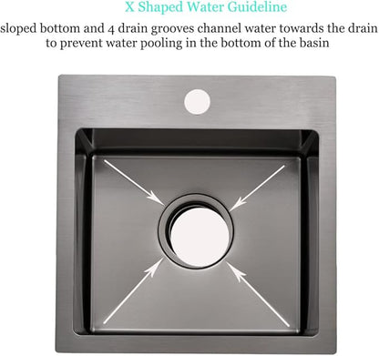 15 Inch Black Bar Sink Drop In,15x15 Drop In Bar Sink Stainless Steel Top Mount Rv Outdoor Sink 16 Gauge Deep Single Bowl Small Kitchen Sink with Dish Grid& Strainer
