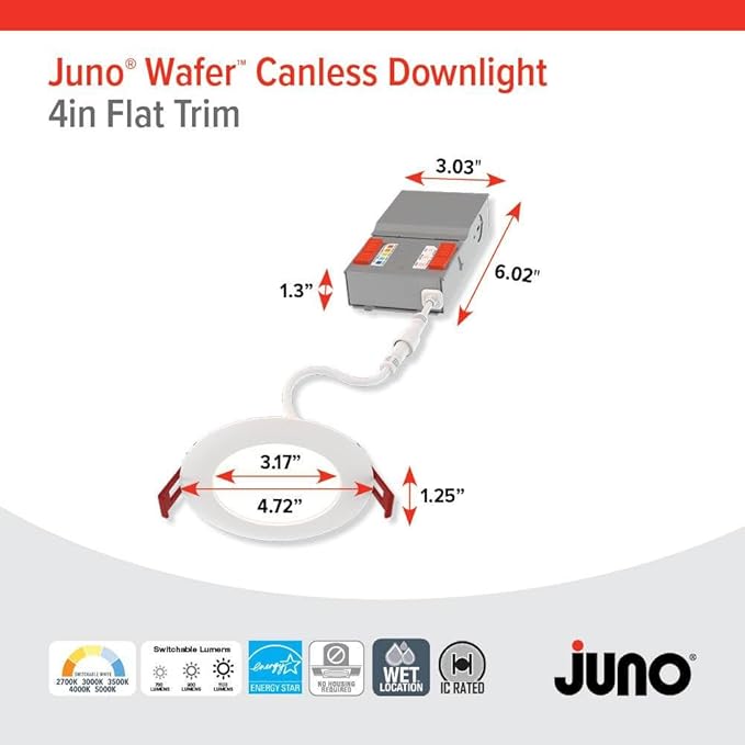 Juno LED Recessed Lights 4 Inch Round Baffle Wafer Downlight, 5-in-1 Switchable White Color Temperature, Adjustable Brightness, 120 Volts, 4-Inch Flat Trim, 1 Pack, Matte White