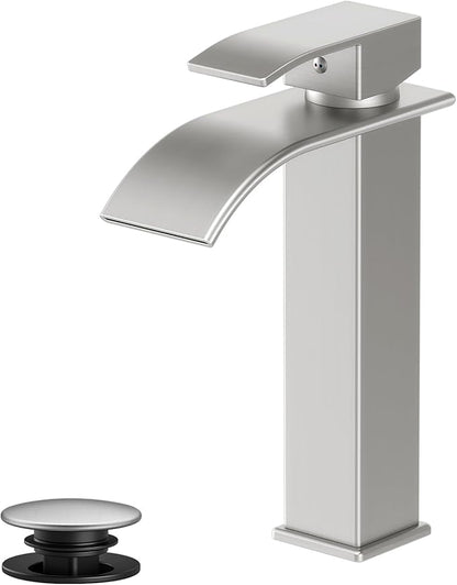 Rywuanku Tall Brushed Nicklel Bathroom Faucet Waterfall Spout, Single Handle Sink Faucet with Pop-up Drain & Deck Plate, Modern 1 Hole Vanity Faucet for RV, Farmhouse, Camper or Bathroom