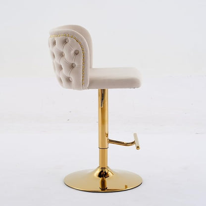 Furniture,Swivel Adjusatble Seat Height with Gold Plating Base, Classic Velvet Upholstered Bar Stools with The Whole Back Tufted, for Home Pub and Kitchen Island,Beige, Set of 2