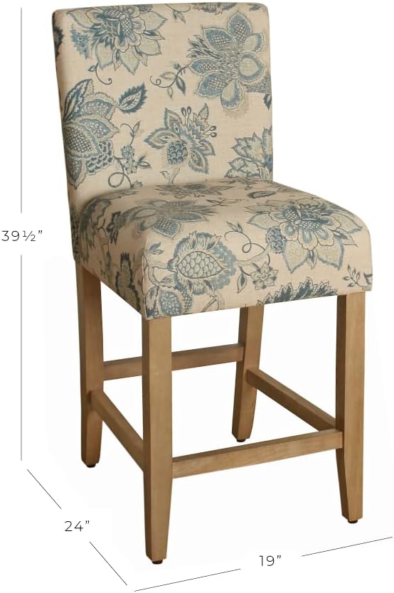 HomePop Upholstered Counter Height Barstool, 24-inch, Blue and Tan Jacobean