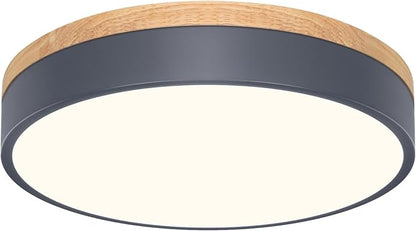 WOKNOS Dimmable Wood Oak Ceiling Light Fixture Modern Gray LED Flush Mount Ceiling Light 5CCT Minimalist Circle Close to Lighting Fixture for Bedroom Kitchen Bathroom Laundry Room 11.81 Inch