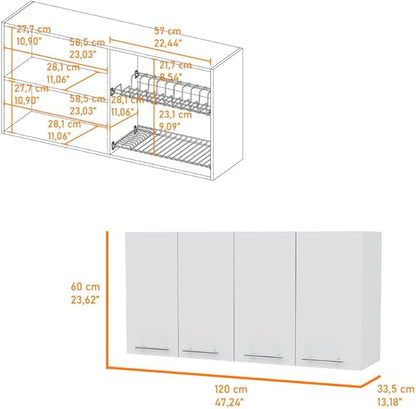5 Shelf 4 Door 2 Kitchen Set, Kitchen Island and Upper Wall Cabinet White and Walnut RZ252