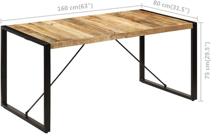 Industrial Solid Mango Wood Dining Table Brown Rectangular 63 Inch Long with Powder-Coated Steel Frame Modern Design for Dining Room