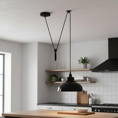 Black Curvy Adjustable Pulley Pendant Light – Retro Industrial E26 Hanging Ceiling Lamp Fixture for Kitchen Island, Dining Room, Living Room, Bar & Café Décor (2M, Black)