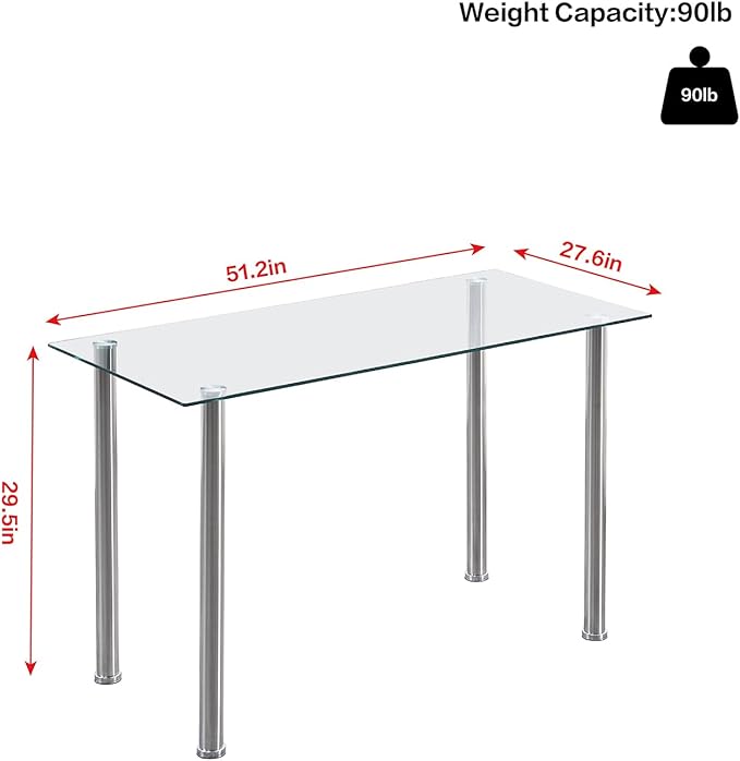 Glass Dining Table for 4-6, Modern Dining Room Table with 51.2" Clear Tempered Glass top and Chrome Silver Legs for Kitchen, Small Space