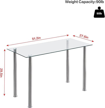 Glass Dining Table for 4-6, Modern Dining Room Table with 51.2" Clear Tempered Glass top and Chrome Silver Legs for Kitchen, Small Space