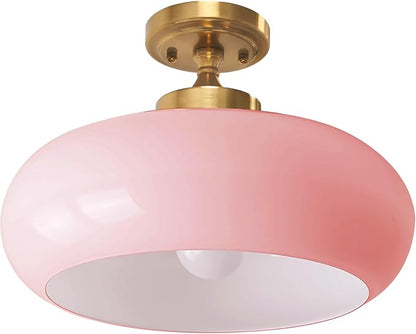 Pink Glass Ceiling Light Fixture, Blush Retro Flush Mount for Girls Room Nursery, Bedroom, 15.74 Inch Vintage Ceiling Light with Gold Metal Base, E26 Socket (Bulb Not Included)