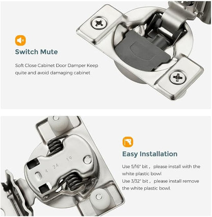 HOME EDIT 10 Pack 5 Pairs 1-5/16 inch Overlay Soft Close Cabinet Hinges for Kitchen, Stainless Steel Three-Way Adjustable, Concealed Self-Closing Door Hinges