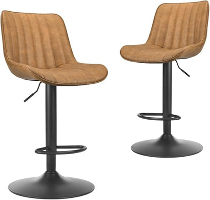 Bar Stools Set of 2, Swivel Adjustable Barstools, with Back Support, PU Leather Counter Height Bar Chairs for Kitchen Island Rustic Barstool, Brown (Brown + PU Leather + Foam-1)