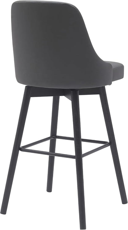 Armen Living Sicily Modern Farmhouse 30" Seat Height Swivel Black Wood Bar Stool for Kitchen Island Counter in Gray Faux Leather