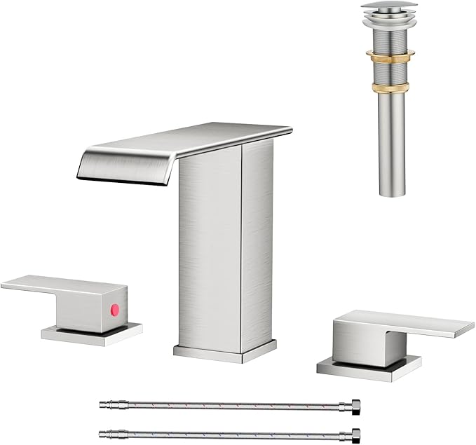 AVSIILE Waterfall Bathroom Faucet 3 Hole, Brushed Nickel 8 Inch Widespread Modern 3 Piece Bathroom Sink Faucet, Touch On Lavatory Faucet for Vanity RV Restroom, Straight Spout