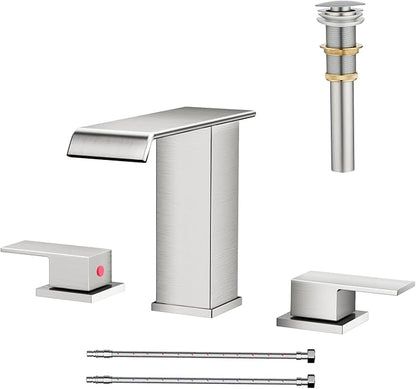 AVSIILE Waterfall Bathroom Faucet 3 Hole, Brushed Nickel 8 Inch Widespread Modern 3 Piece Bathroom Sink Faucet, Touch On Lavatory Faucet for Vanity RV Restroom, Straight Spout