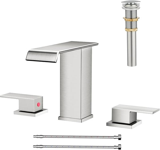AVSIILE Waterfall Bathroom Faucet 3 Hole, Brushed Nickel 8 Inch Widespread Modern 3 Piece Bathroom Sink Faucet, Touch On Lavatory Faucet for Vanity RV Restroom, Straight Spout