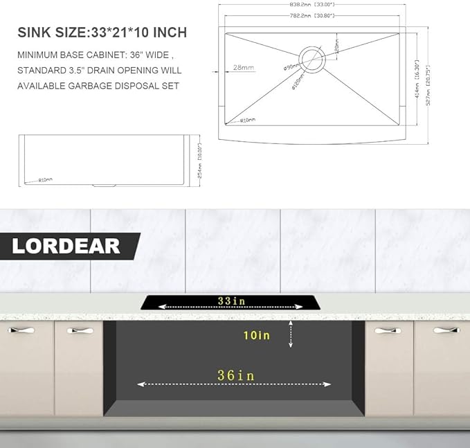 Lordear Brush Gold Farmhouse Sink 33 inch Apron Front T304 16 Gauge Stainless Steel Deep Single Bowl Kitchen Farm Farmer Style Sinks 33x21x10 Inch