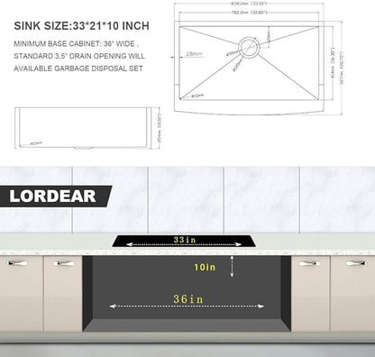 Lordear Brush Gold Farmhouse Sink 33 inch Apron Front T304 16 Gauge Stainless Steel Deep Single Bowl Kitchen Farm Farmer Style Sinks 33x21x10 Inch