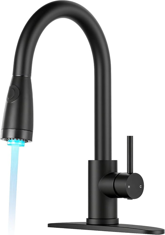 LED Kitchen Faucet with Pull Down Sprayer - Matte Black Single Handle Kitchen Faucets, High Arc Stainless Steel Pull Out Kitchen Sink Faucet with Deck for RV Laundry Farmhouse Bar