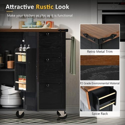 Kitchen Island Cart with Internal Storage Rack, 54.5'' Rolling Kitchen Island Table with Power Outlet, Drop Leaf, Spice/Towel Rack and Drawer, Mobile Kitchen Islands with Storage on Wheels (Black)