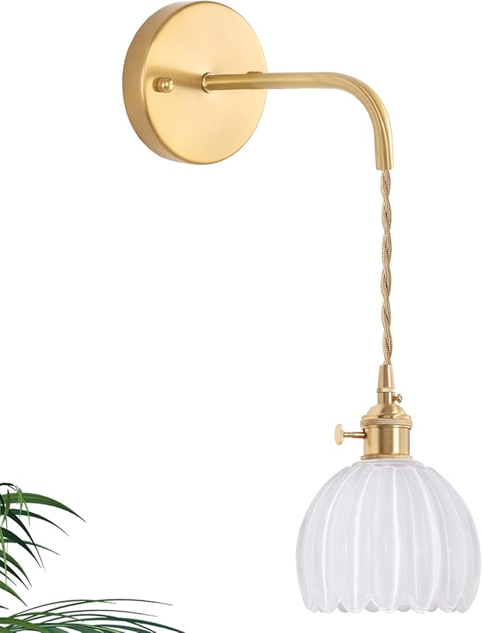 Shenmoyl Vintage Wall Sconce with White Tulip Shade Pattern Glass Adjustable Chain Retro Gold Wall Mounted Light, Modern Wall Lamp Fixtures Decor for Bedside Bedroom Indoor Doorway