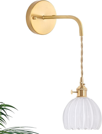 Shenmoyl Vintage Wall Sconce with White Tulip Shade Pattern Glass Adjustable Chain Retro Gold Wall Mounted Light, Modern Wall Lamp Fixtures Decor for Bedside Bedroom Indoor Doorway