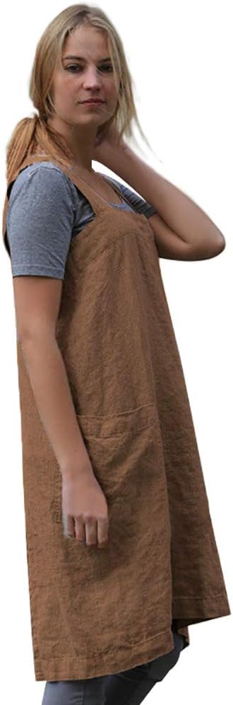 Larmliss Women's Pinafore Square Apron Baking Cooking Gardening Works Cross Back Cotton/Linen Blend Dress with 2 Pockets