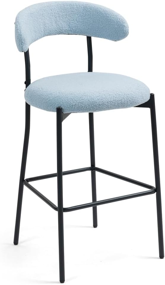 26" Counter Height Bar Stools - Teddy Fabric Upholstered Kitchen Island Stools with Black Powder-Coated Metal Base & Integrated Footrest, Modern Farmhouse Style(Blue)