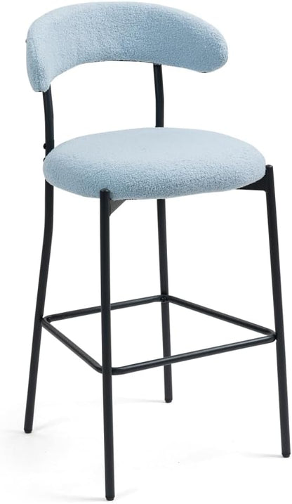 26" Counter Height Bar Stools - Teddy Fabric Upholstered Kitchen Island Stools with Black Powder-Coated Metal Base & Integrated Footrest, Modern Farmhouse Style(Blue)