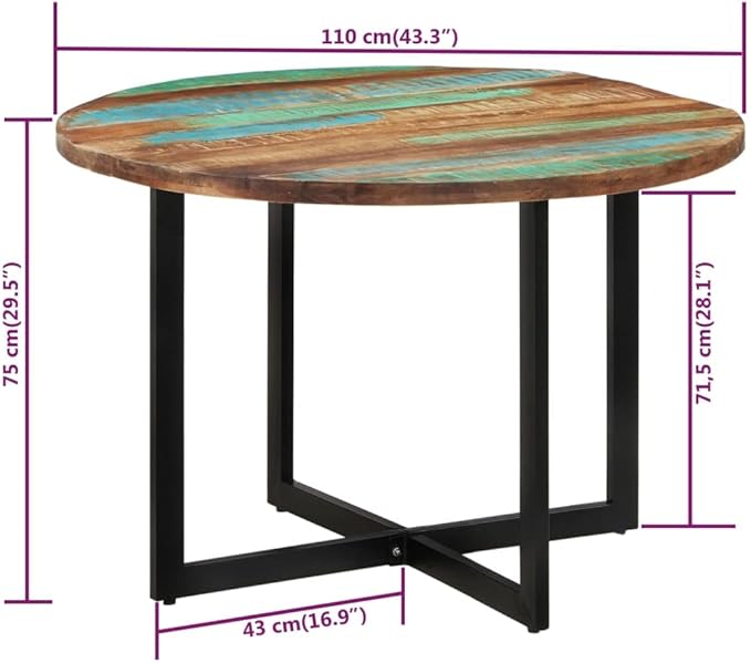 Multicolor Solid Reclaimed Wood Dining Table, Round Medium Sleek Kitchen Dinner Table, 43.3-inch for Dining Room, Easy Assembly