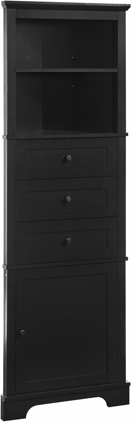 Storage Corner Cabinet with 3 Drawers and Door, Tall Line Pantry Home Space Saver for Bathroom, Living Room, Kitchen, Adjustable Shelf, Black
