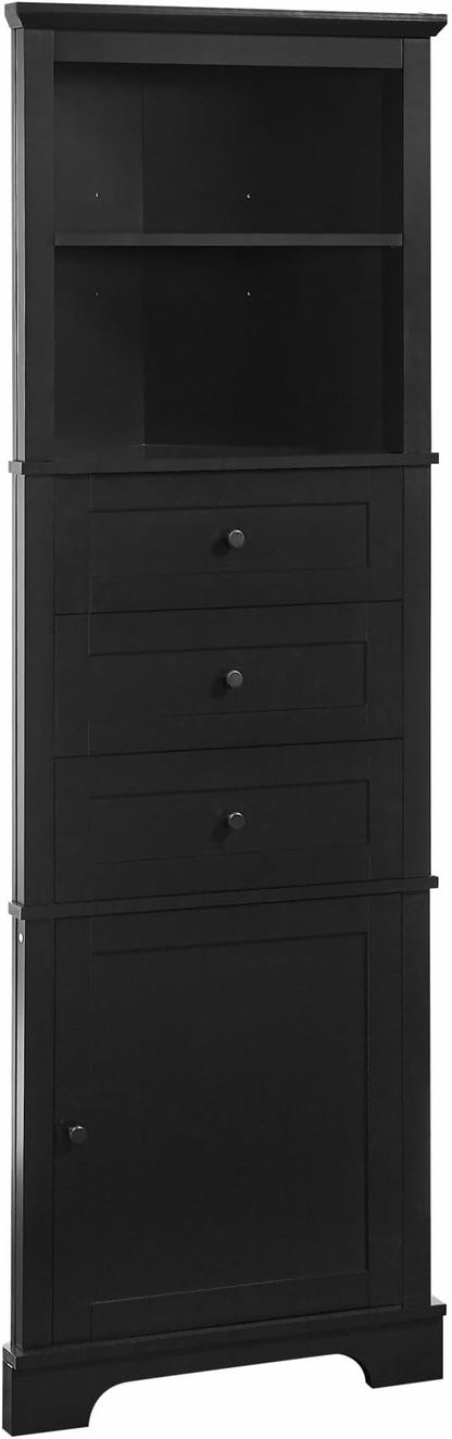 Storage Corner Cabinet with 3 Drawers and Door, Tall Line Pantry Home Space Saver for Bathroom, Living Room, Kitchen, Adjustable Shelf, Black
